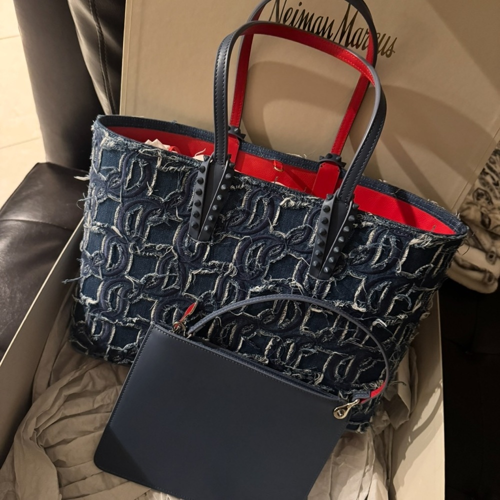 Christian Louboutin Blue Denim Tote with Red Interior